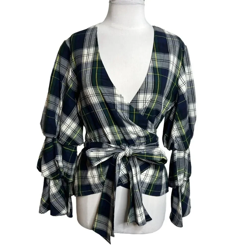 Petersyn Plaid Dexter Top Sz M navy green white puff sleeve